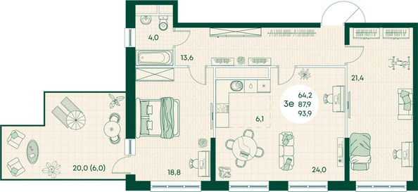 Планировка 3-комн 93,9 м²