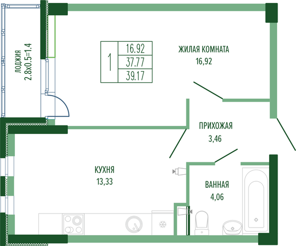 Планировка 1-комн 39,17 м²