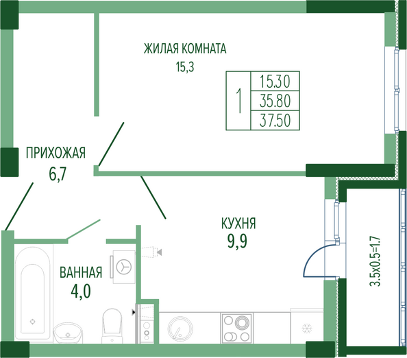 Планировка 1-комн 37,5 м²