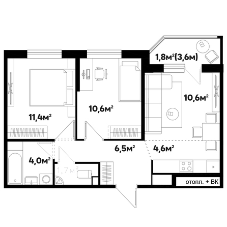 Планировка 3-комн 51,2 м²