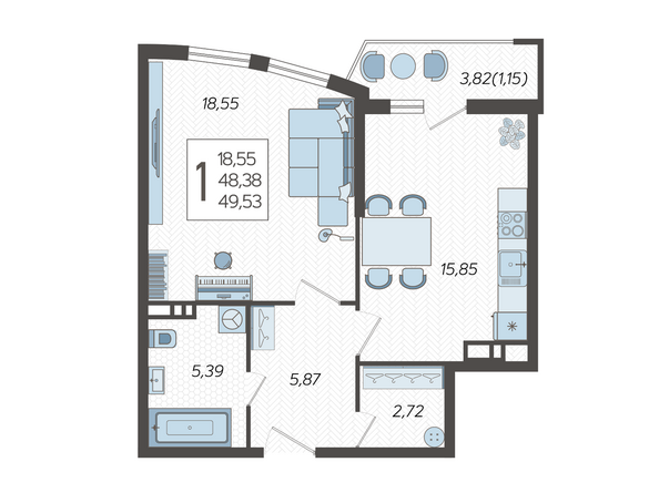 Планировка 1-комн 49,53 м²