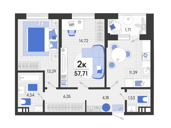Планировка 2-комн 57,71 м²