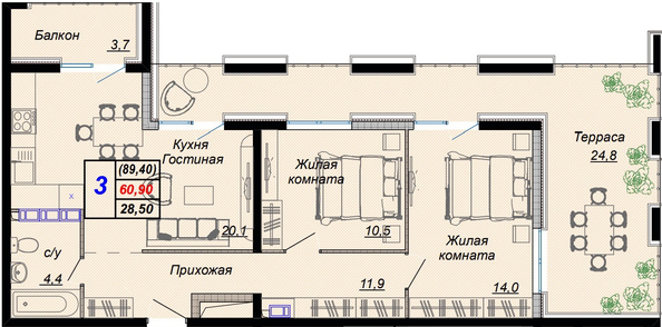 Планировка 3-комн 89,4 м²
