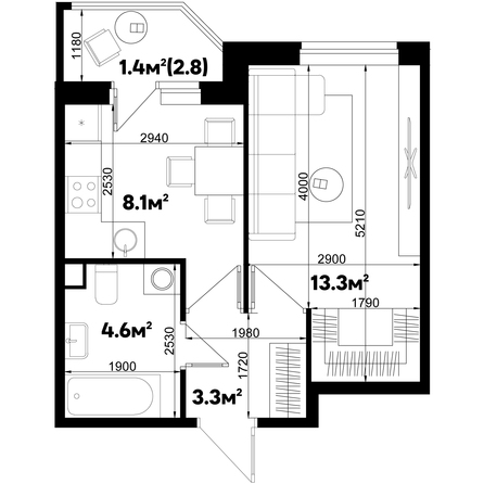 Планировка 1-комн 30,7 м²