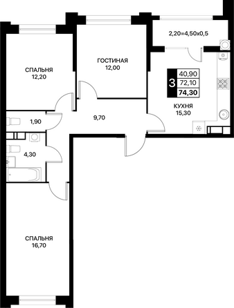 Планировка 3-комн 74,3, 74,8 м²