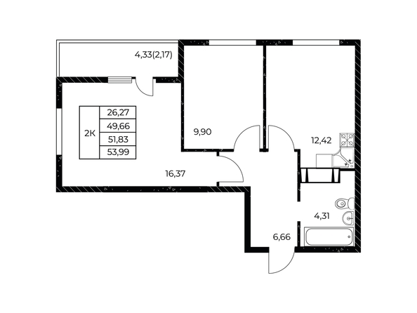 Планировка 2-комн 53,99 м²