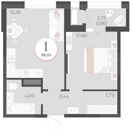 Планировка 1-комн 38,03 м²