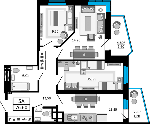 Планировка 3-комн 76,4, 76,6 м²