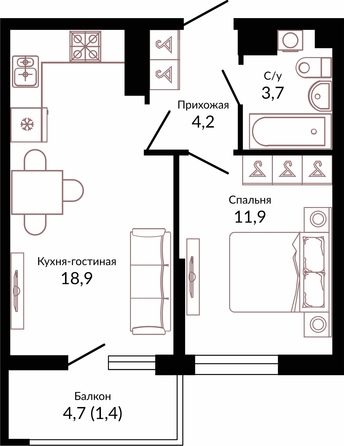 Планировка 1-комн 40,1 м²