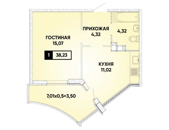 Планировка 1-комн 38,23 м²