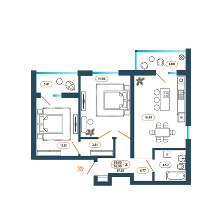 Планировка 2-комн 67,55 м²