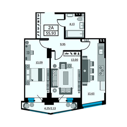 Планировка 2-комн 55,8 м²