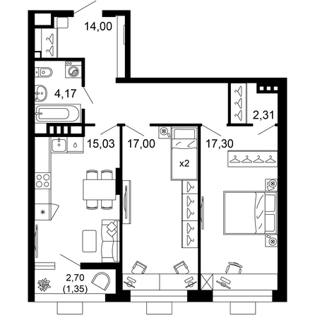 Планировка 2-комн 71,16 м²