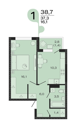 Планировка 1-комн 38,7 м²