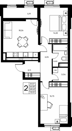 Планировка 2-комн 71,66 - 72,09 м²