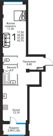Планировка 1-комн 45,75 м²