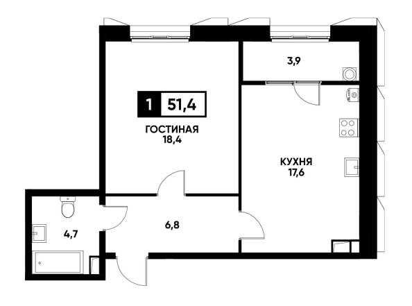 Планировка 1-комн 51,4 м²