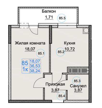 Планировка 1-комн 38,24 м²