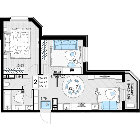 Планировка 2-комн 55,86 м²