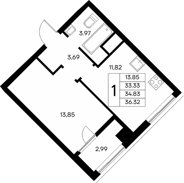 Планировка 1-комн 35,91 - 36,73 м²