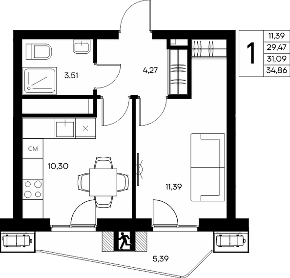 Планировка 1-комн 34,67 - 34,86 м²