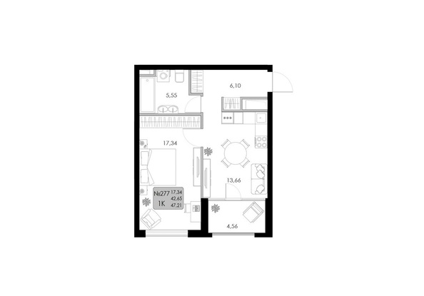 Планировка 1-комн 46,22 - 47,25 м²