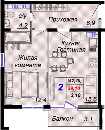 Планировка 2-комн 42,2 м²