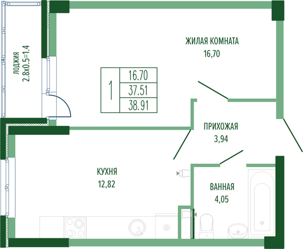 Планировка 1-комн 38,91 м²