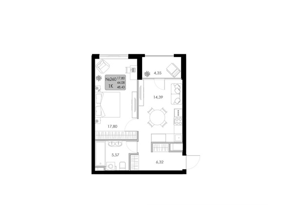 Планировка 1-комн 48,31 - 48,46 м²