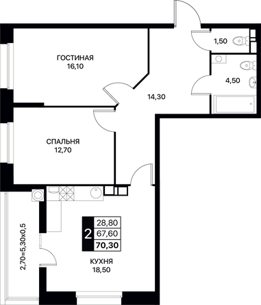 Планировка 2-комн 70,3, 70,5 м²