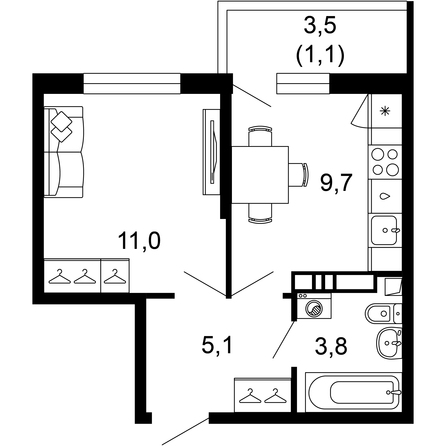 Планировка 1-комн 30,7 м²