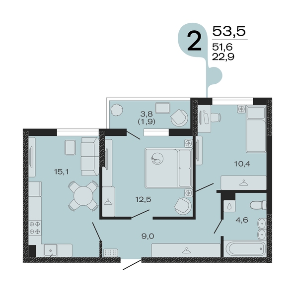 Планировка 2-комн 53,5 м²