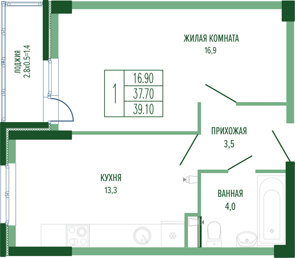 Планировка 1-комн 39,1 м²