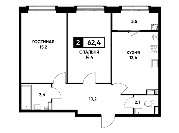 Планировка 2-комн 62,4 м²