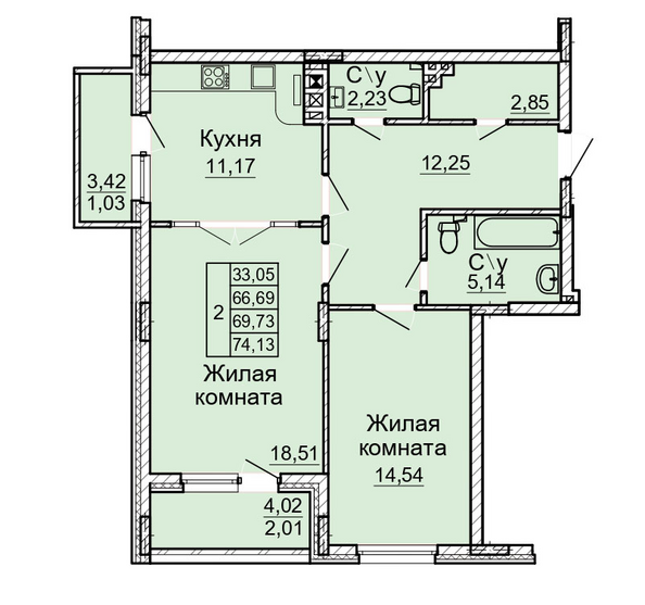 Планировка 2-комн 69,73 м²