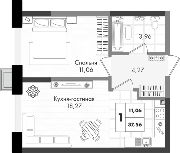 Планировка 1-комн 37,56 м²