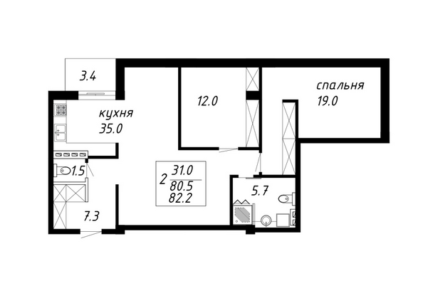 Планировка 2-комн 82,2 м²