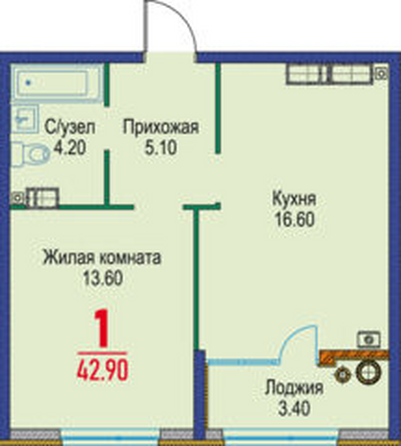 Планировка 1-комн 42,9 м²