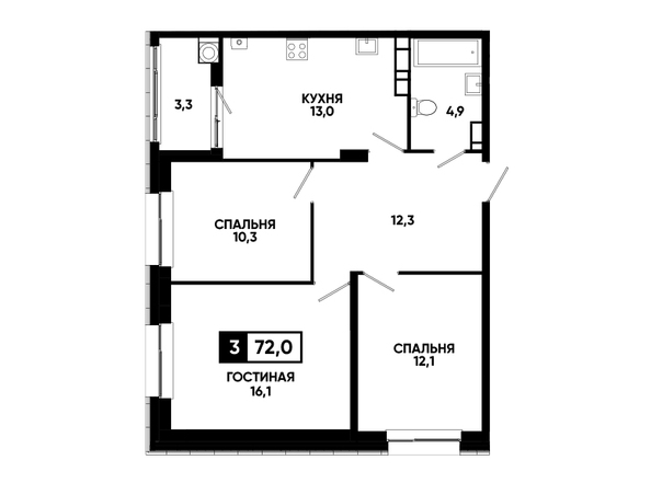 Планировка 3-комн 72 - 72,3 м²