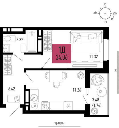 Планировка 1-комн 34,06 м²