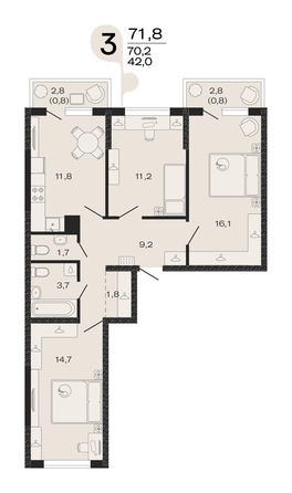 Планировка 3-комн 71,8 м²