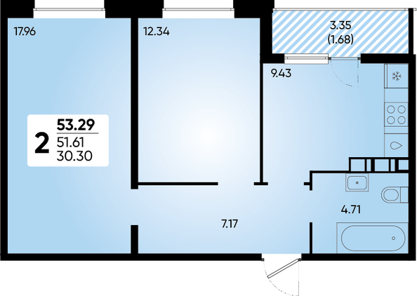 Планировка 2-комн 53,29 м²