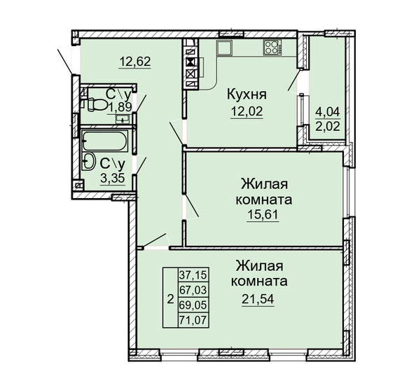 Планировка 2-комн 69,05 м²