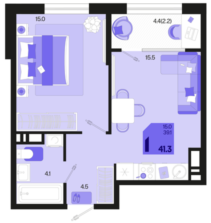 Планировка 1-комн 41,3, 42,4 м²