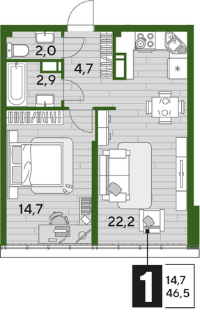 Планировка 1-комн 46,5 м²