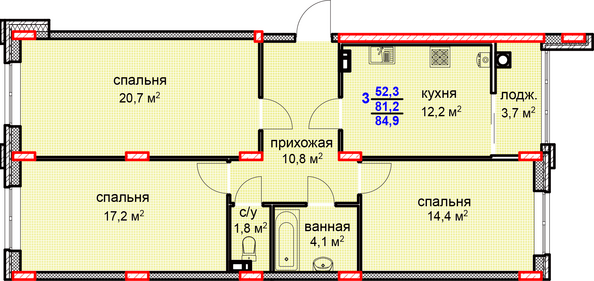 Планировка 3-комн 84,9 м²