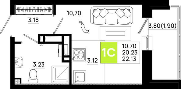 Планировка Студия 22,13 м²