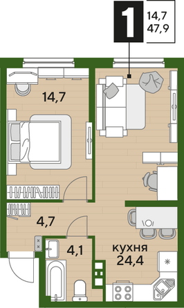 Планировка 1-комн 47,9 м²