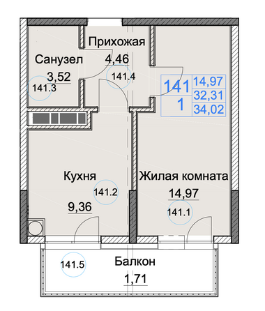 Планировка 1-комн 34,02 м²