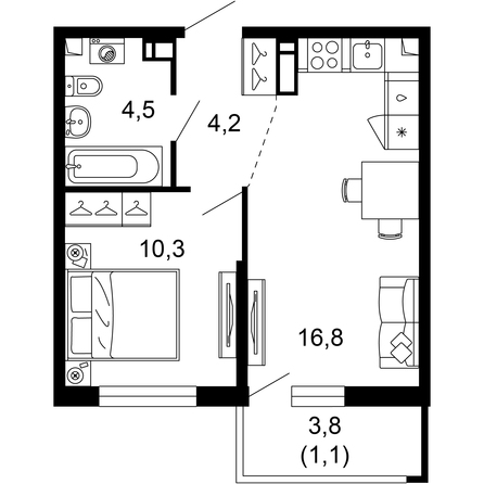Планировка 1-комн 36,9 м²